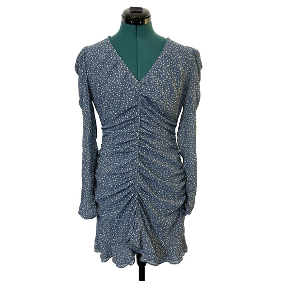 ASTR the Label Mini Dress Ditsy Floral Long Sleeve Ruched Ruffle Hem Blue Large - Picture 1 of 9